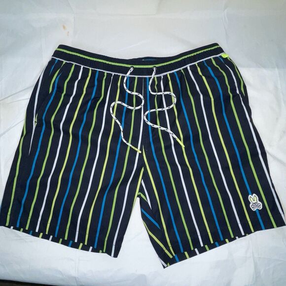 Psycho Bunny Avondale Swim Trunks Mens L Multi Striped Beach Lined Drawstring - Picture 1 of 16